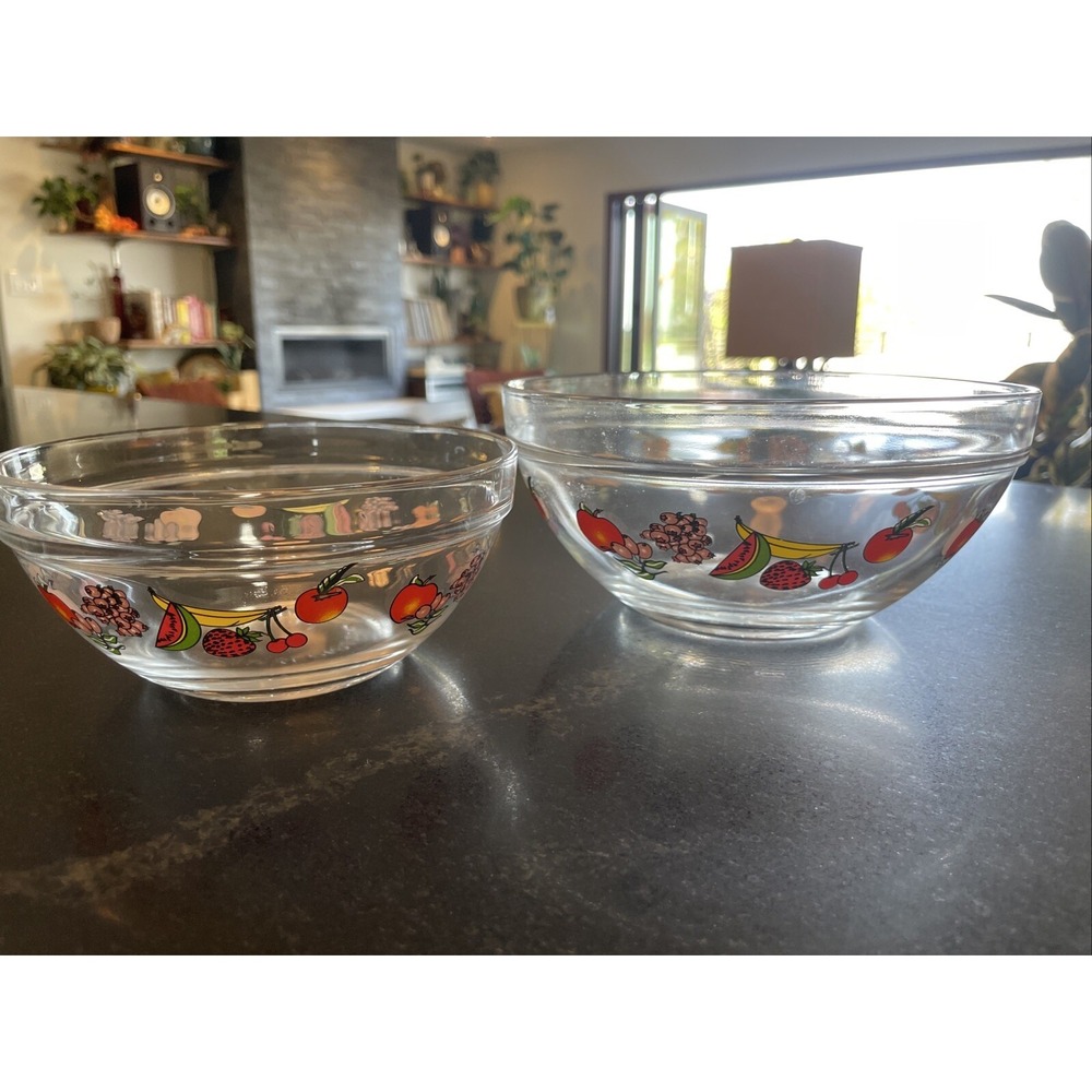 Vintage Glass Nesting Bowls Fruit Decals Mixing Salad 2 Clear Bowls Cereal